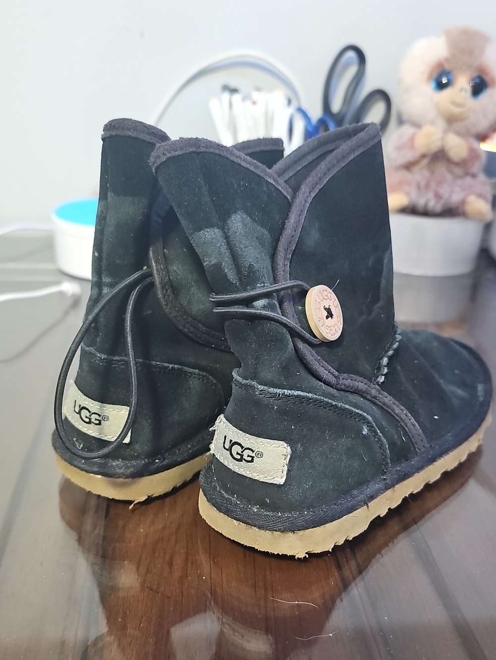 UGG Kids Black Suede Button Booties